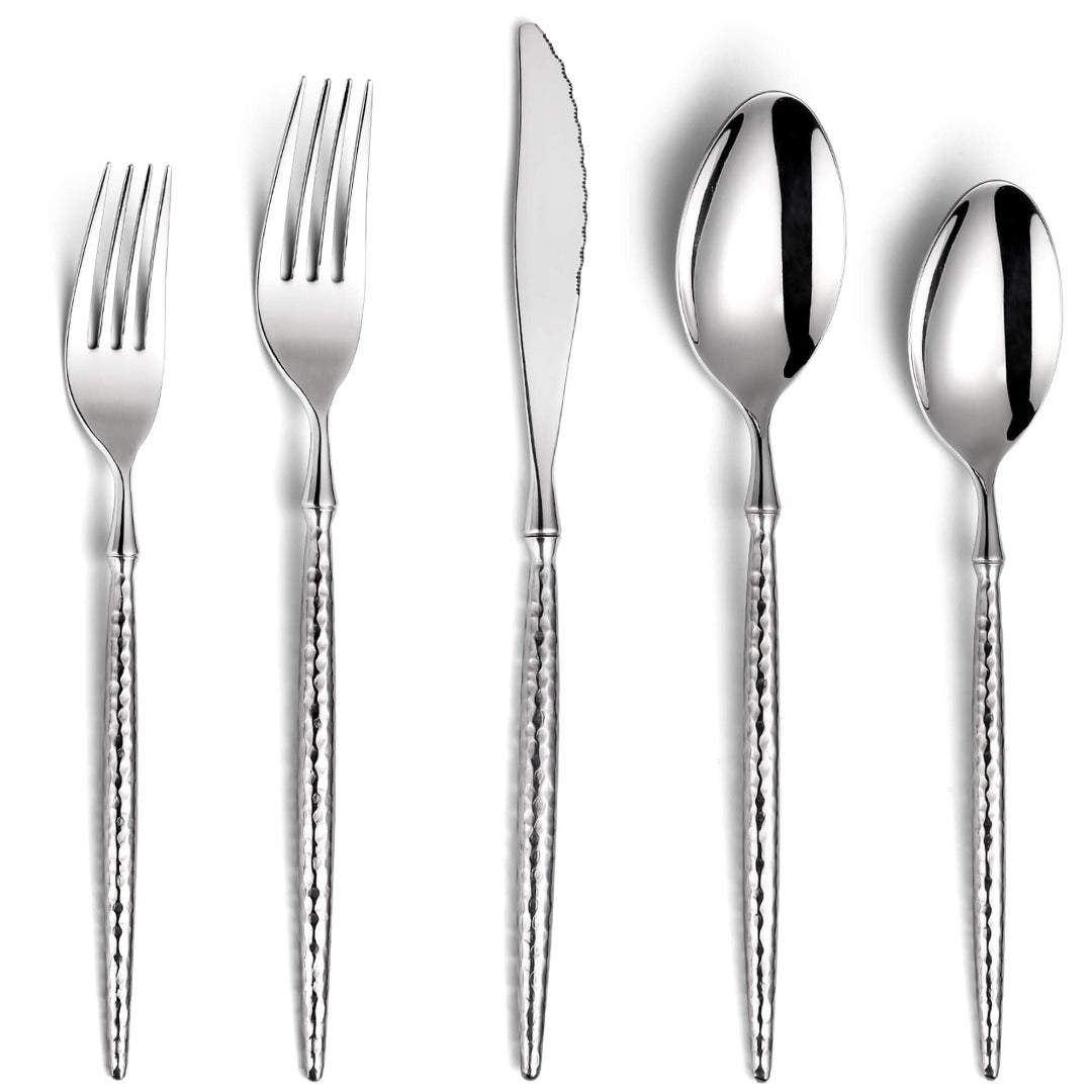 Sparkling Hammered Glossy Silver Flatware Set