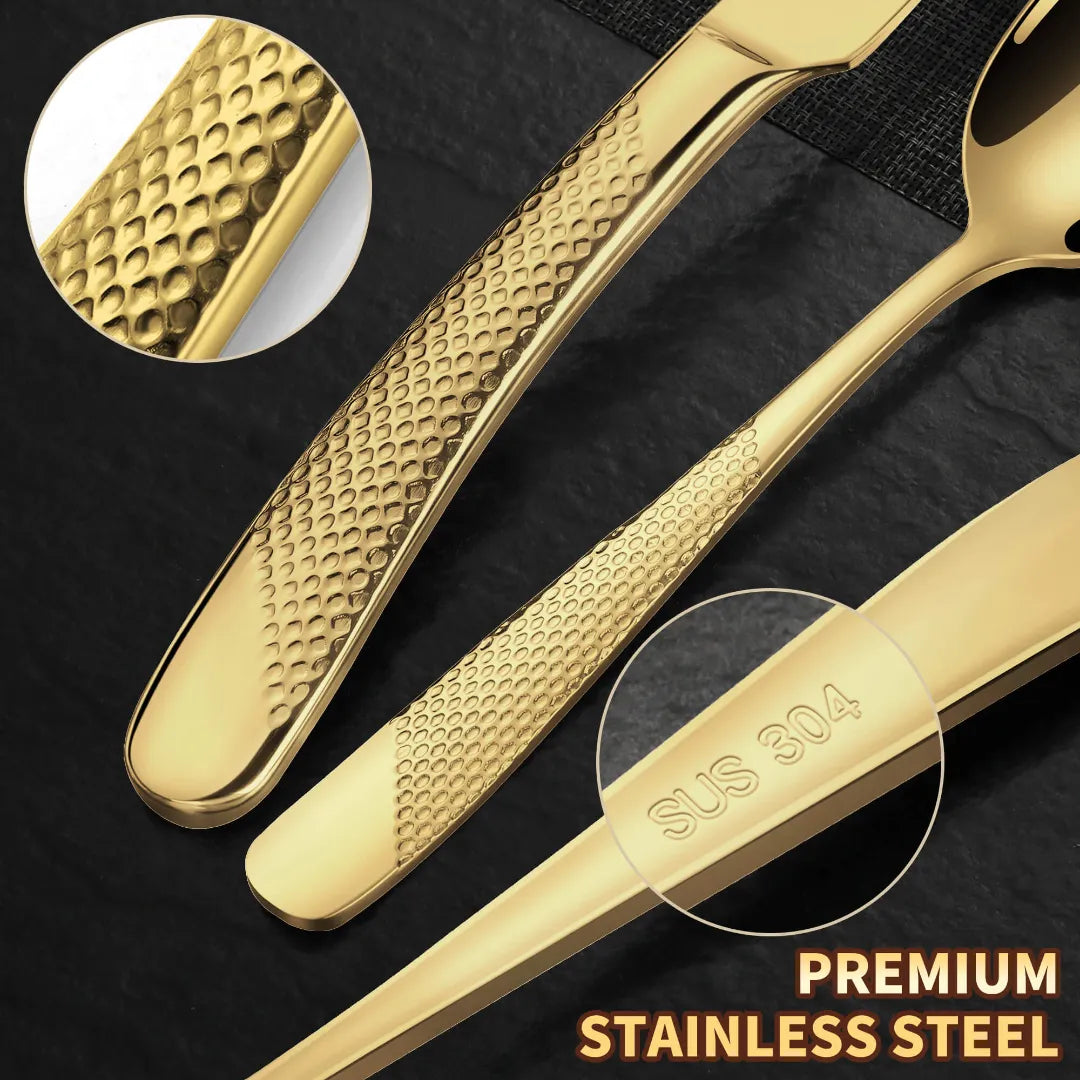 Astal Hammered Glossy Gold Flatware Set