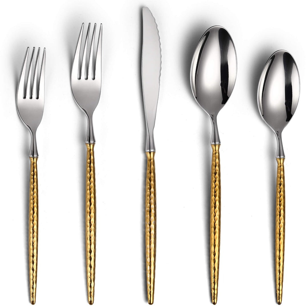 Sparkling Hammered Glossy Silver Gold Flatware Set