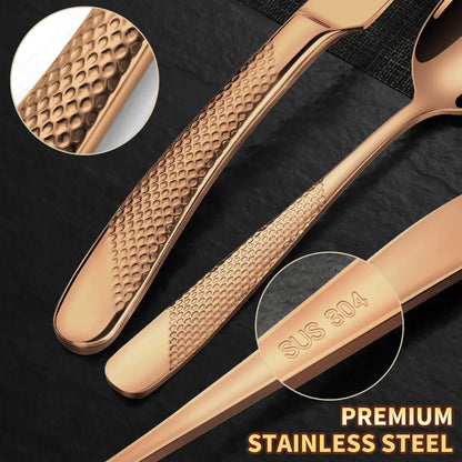 Astal Hammered Glossy Rose Gold Flatware Set