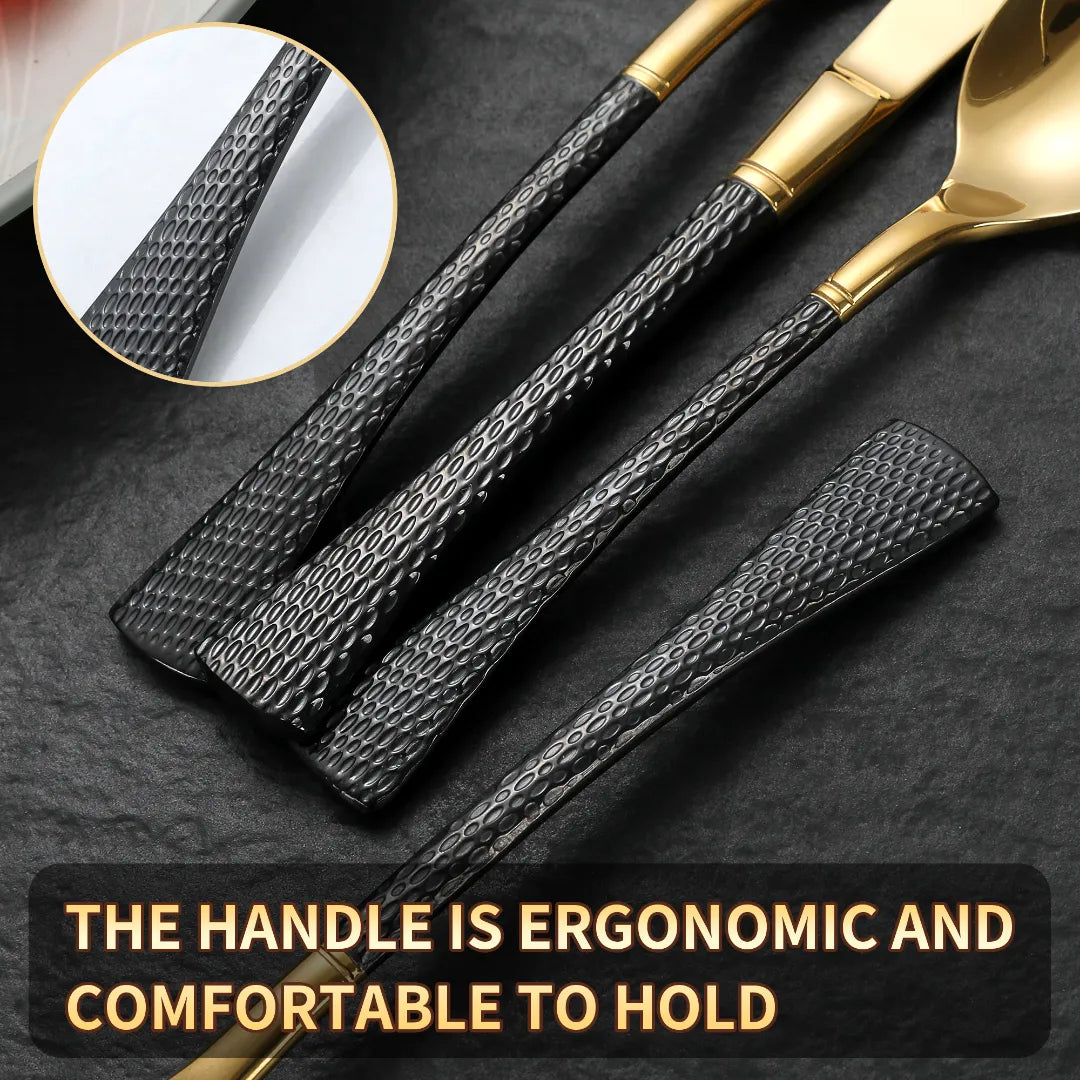 Hammered Glossy Black Gold Flatware Set