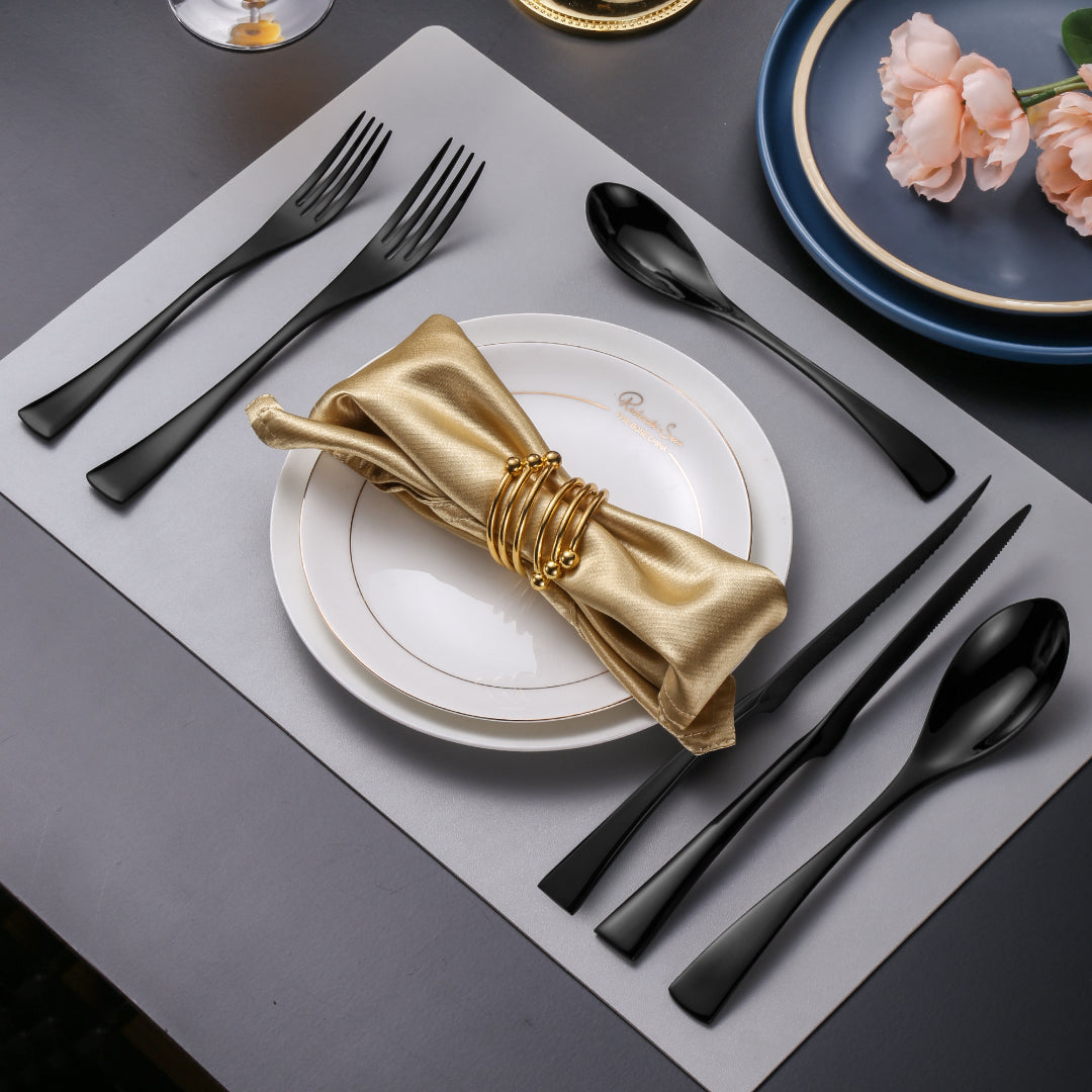 Modern Glossy Black Flatware Set With Steak Knife