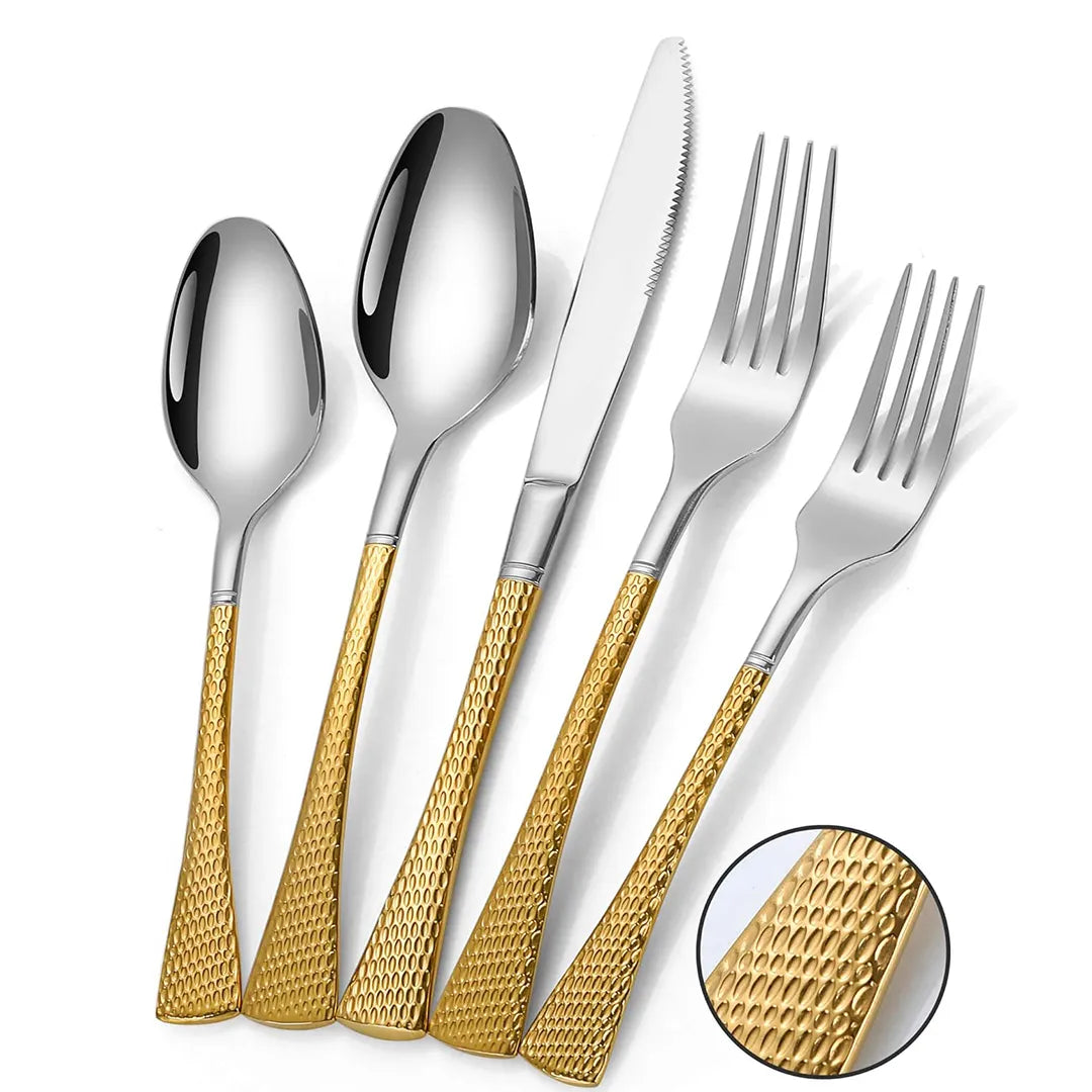 Hammered Glossy Silver Gold Flatware Set