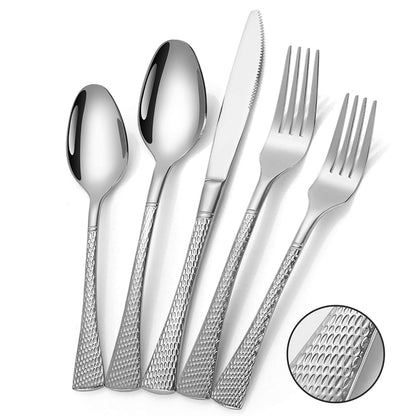 Hammered Glossy Silver Flatware Set