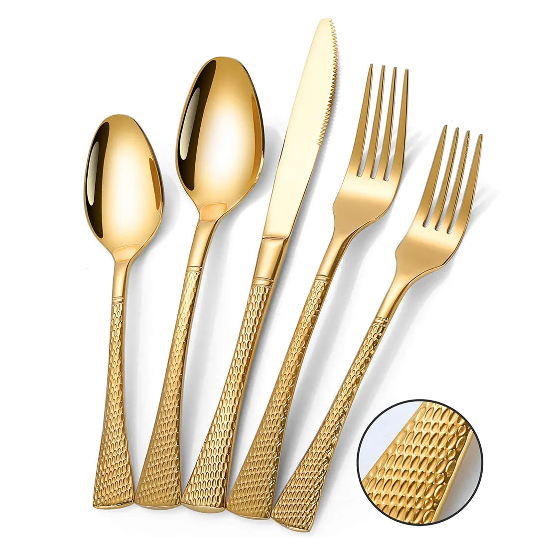 Hammered Glossy Gold Flatware Set