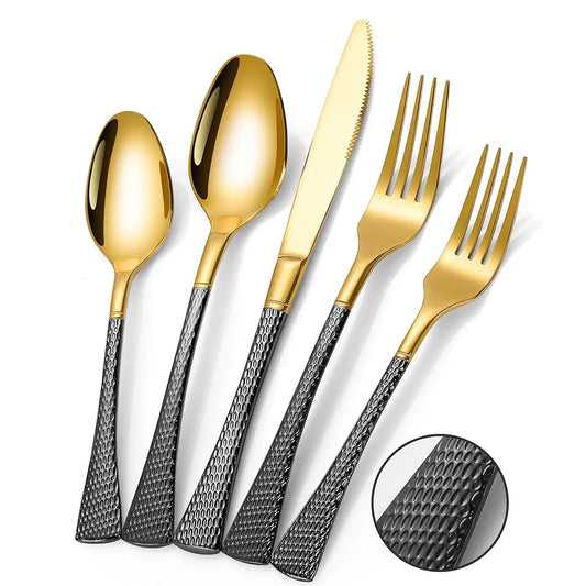 Hammered Glossy Black Gold Flatware Set