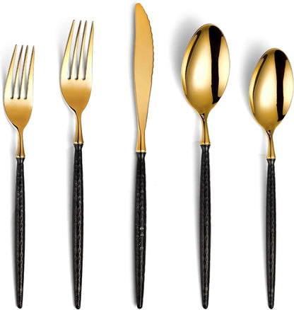 Sparkling Hammered Glossy Black Gold Flatware Set