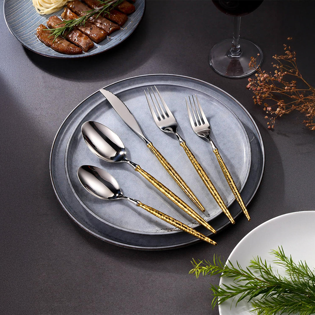 Sparkling Hammered Glossy Silver Gold Flatware Set