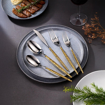 Sparkling Hammered Glossy Silver Gold Flatware Set