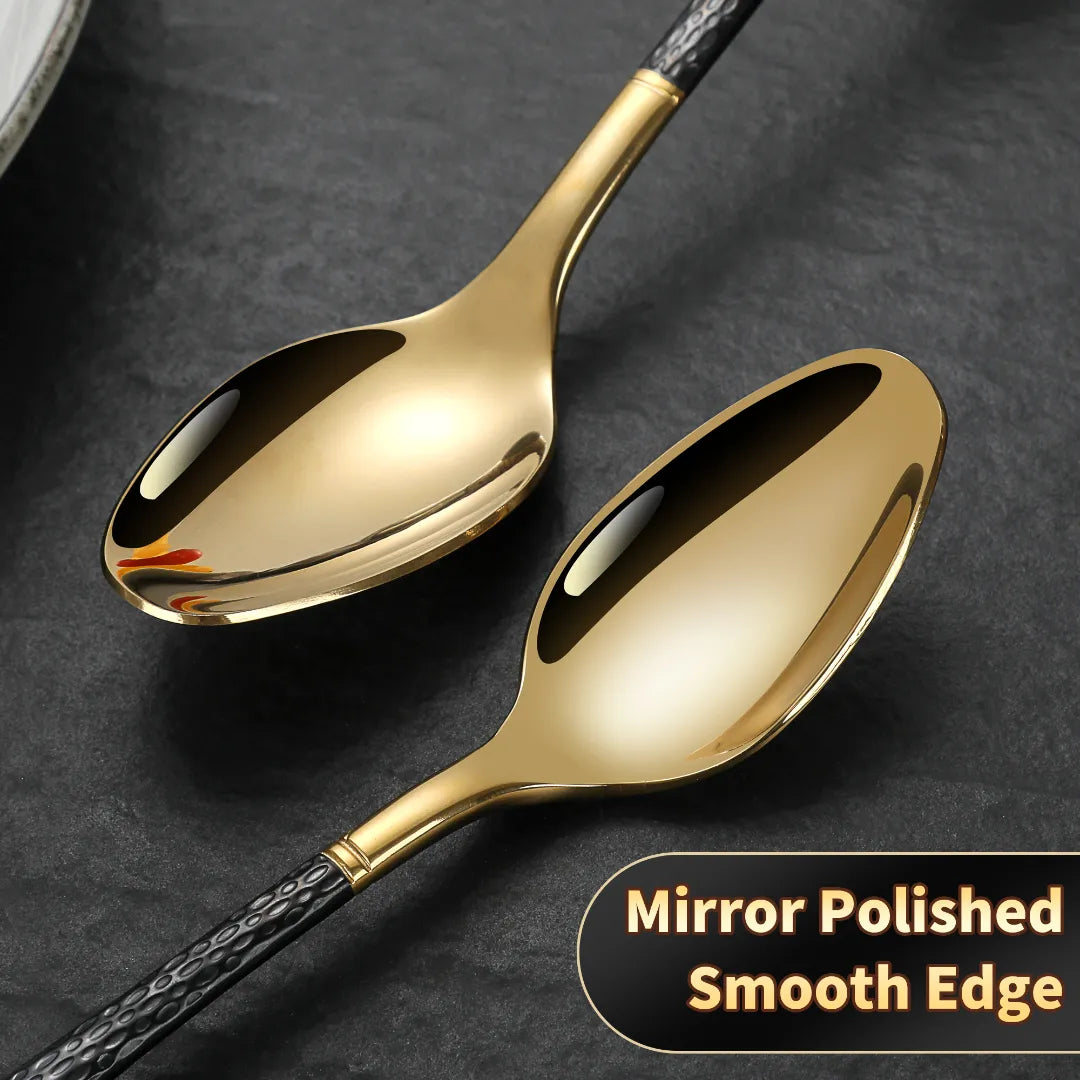 Hammered Glossy Black Gold Flatware Set