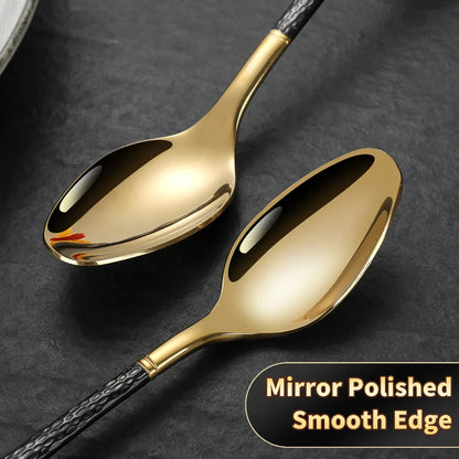 Hammered Glossy Black Gold Flatware Set