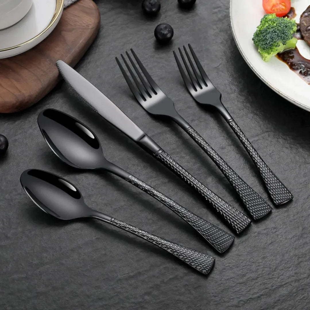 Hammered Glossy Black Flatware Set