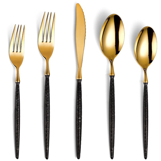 Sparkling Hammered Glossy Black Gold Flatware Set