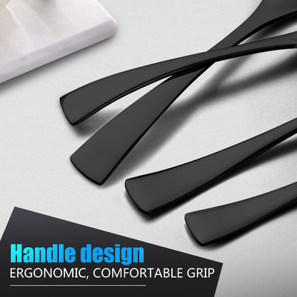 Modern Glossy Black Flatware Set With Steak Knife