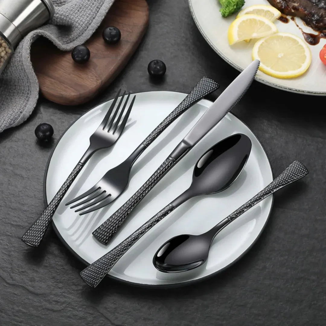 Hammered Glossy Black Flatware Set