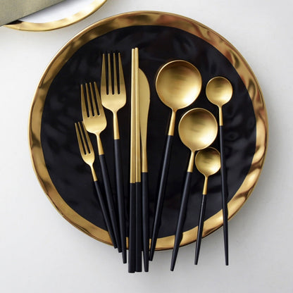 Minimalist Matte Black Gold Flatware Set