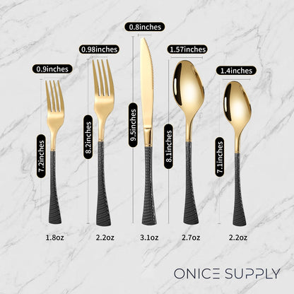 Hammered Glossy Black Gold Flatware Set