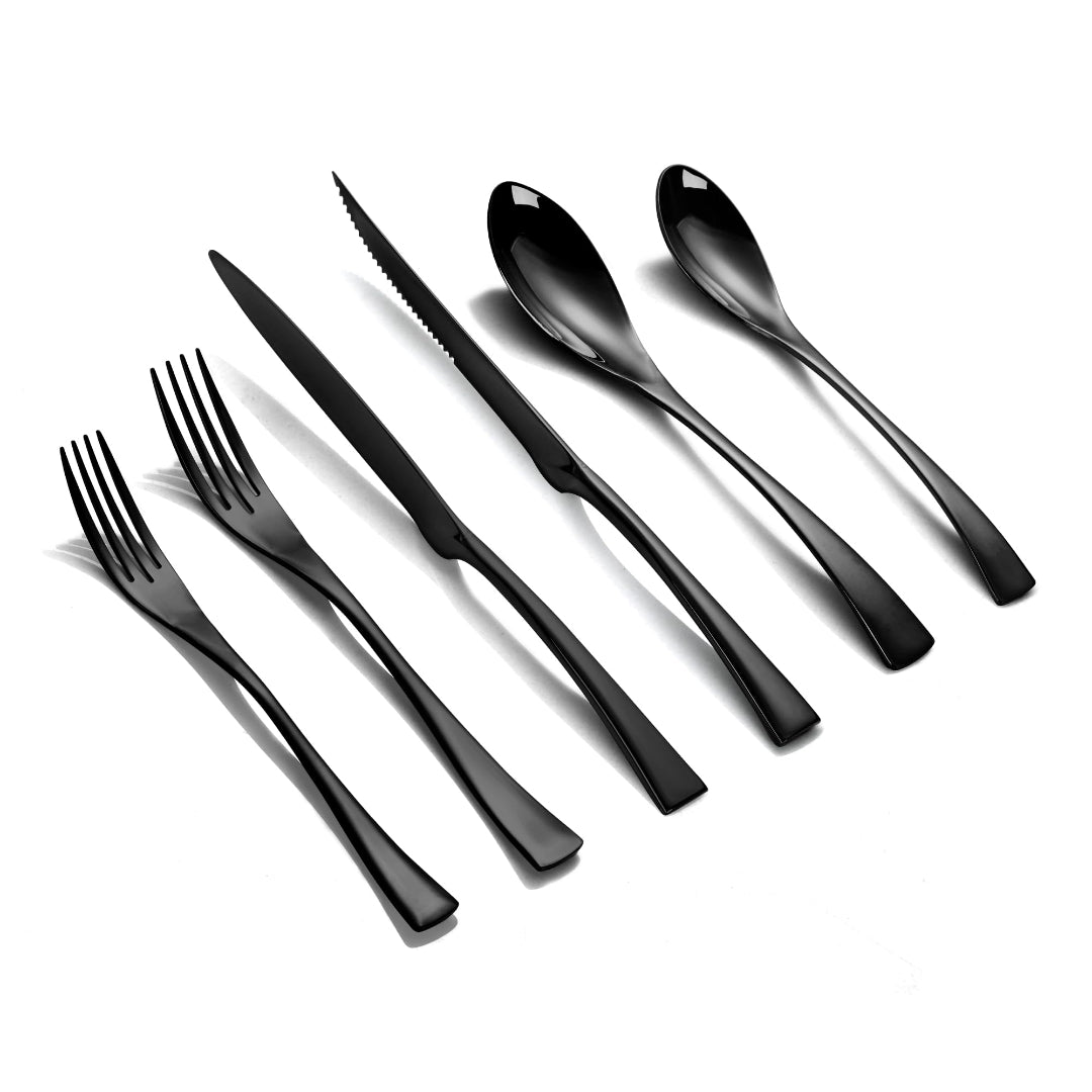 Modern Glossy Black Flatware Set With Steak Knife