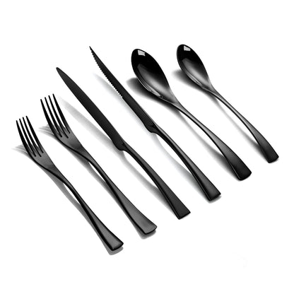 Modern Glossy Black Flatware Set With Steak Knife