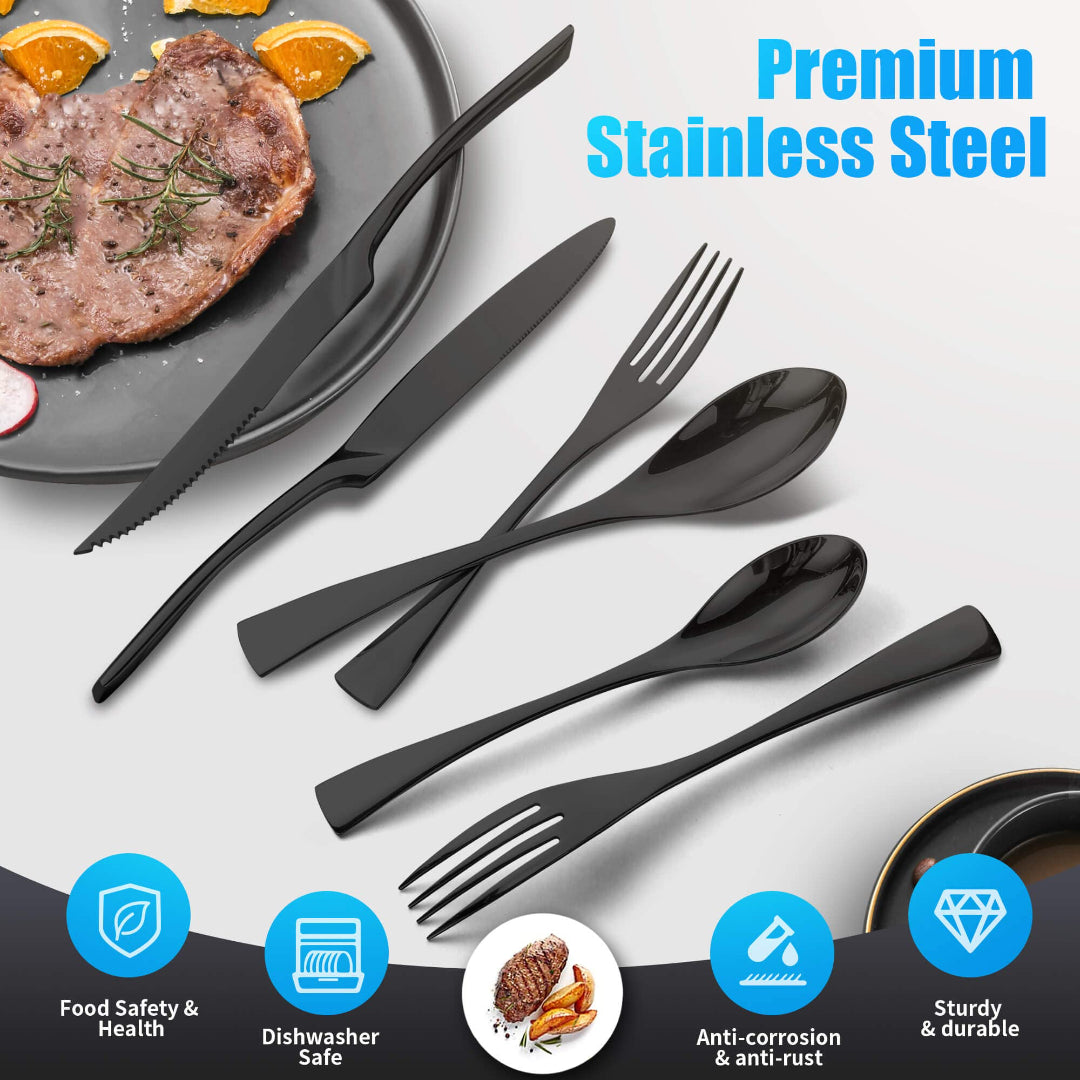 Modern Glossy Black Flatware Set With Steak Knife