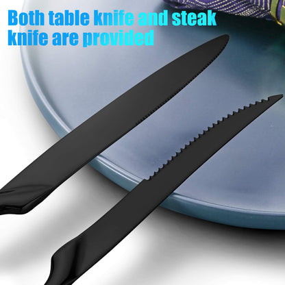 Modern Glossy Black Flatware Set With Steak Knife