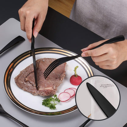Modern Glossy Black Flatware Set With Steak Knife