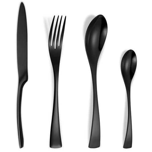Modern Glossy Black Flatware Set With Tea spoon
