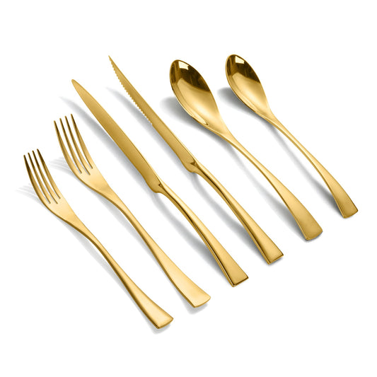 Modern Glossy Gold Flatware Set With Steak Knife