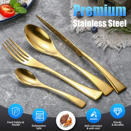 Modern Glossy Gold Flatware Set With Tea spoon