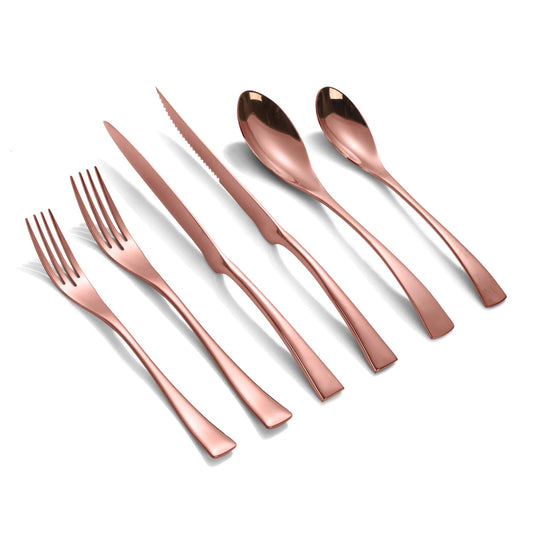 Modern Glossy Rose Gold Flatware Set With Steak Knife