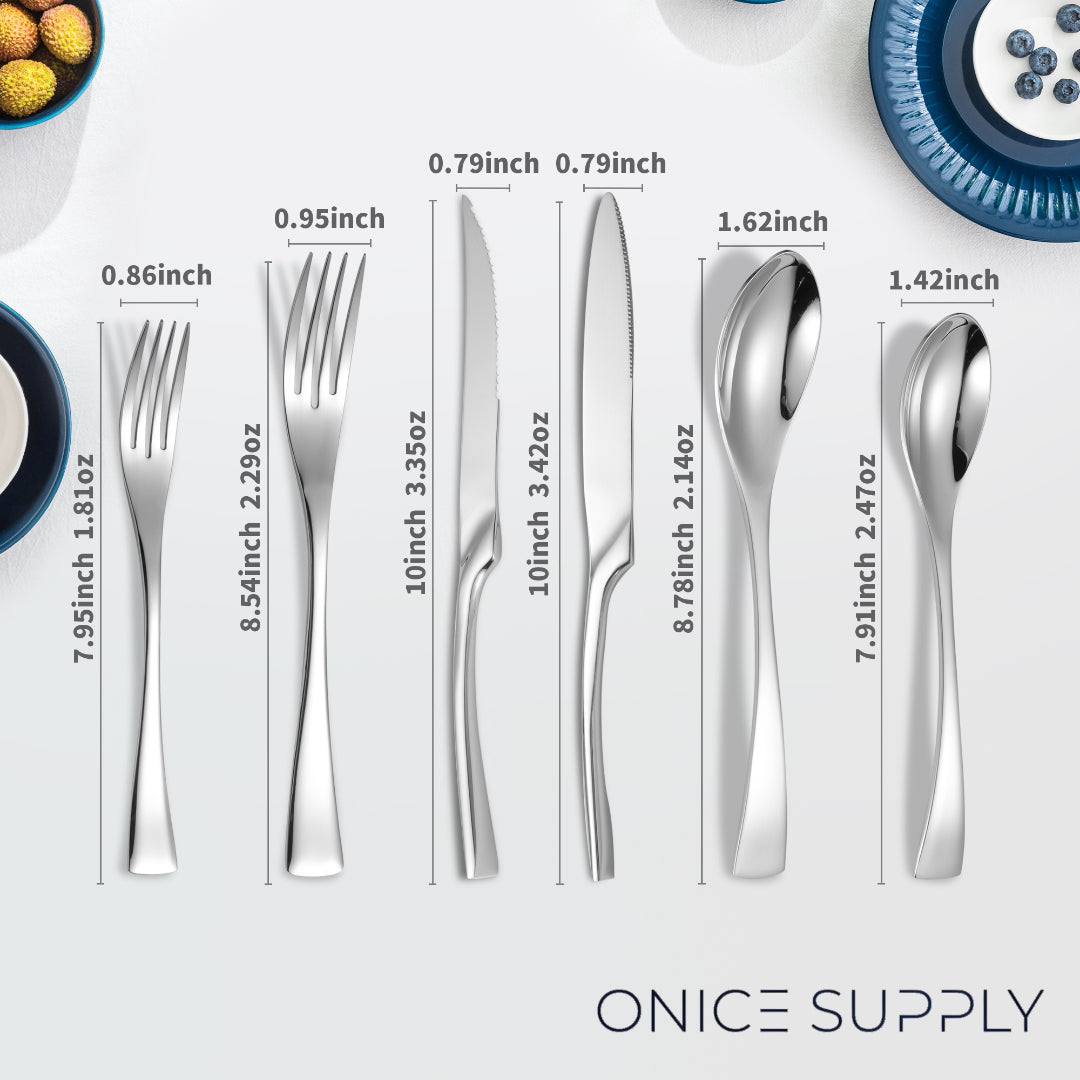 Modern Glossy Silver Flatware Set With Steak Knife