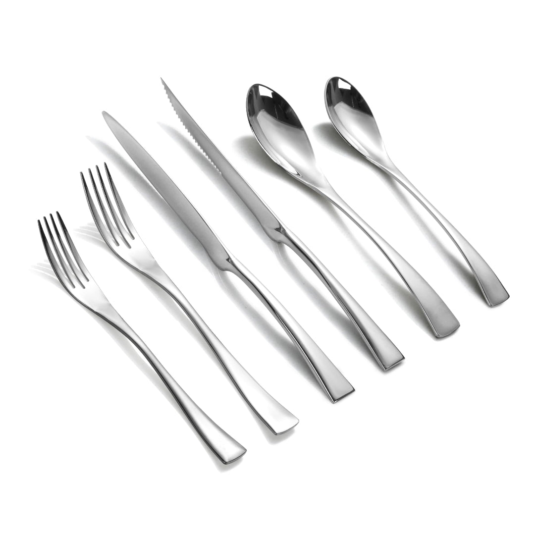 Modern Glossy Silver Flatware Set With Steak Knife