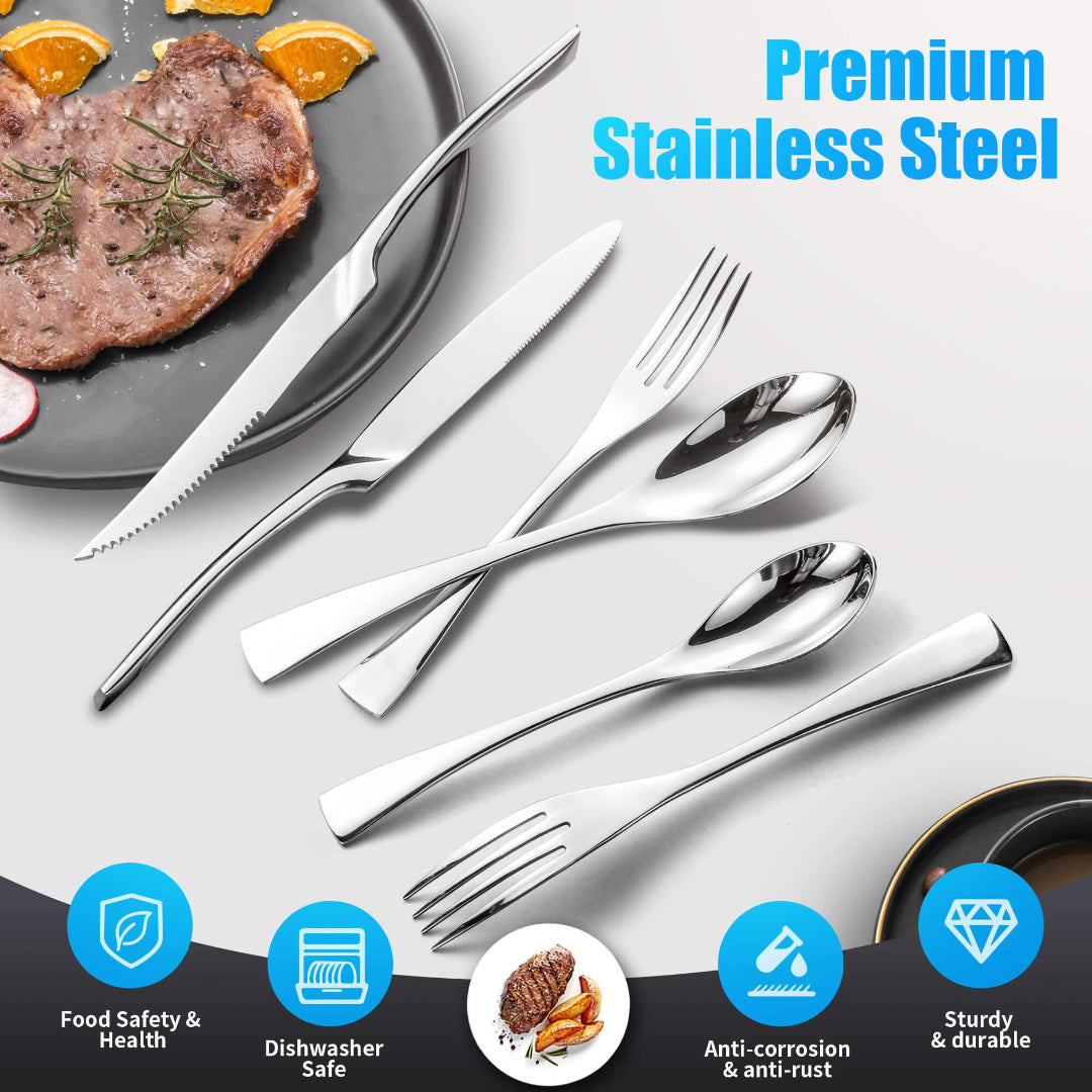 Modern Glossy Silver Flatware Set With Steak Knife