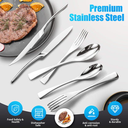Modern Glossy Silver Flatware Set With Steak Knife