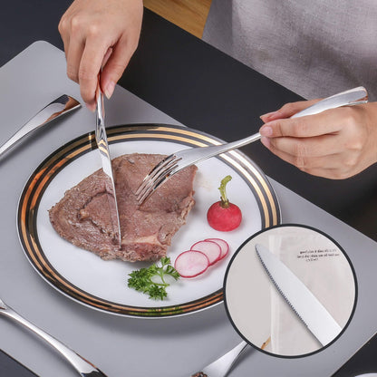 Modern Glossy Silver Flatware Set With Steak Knife
