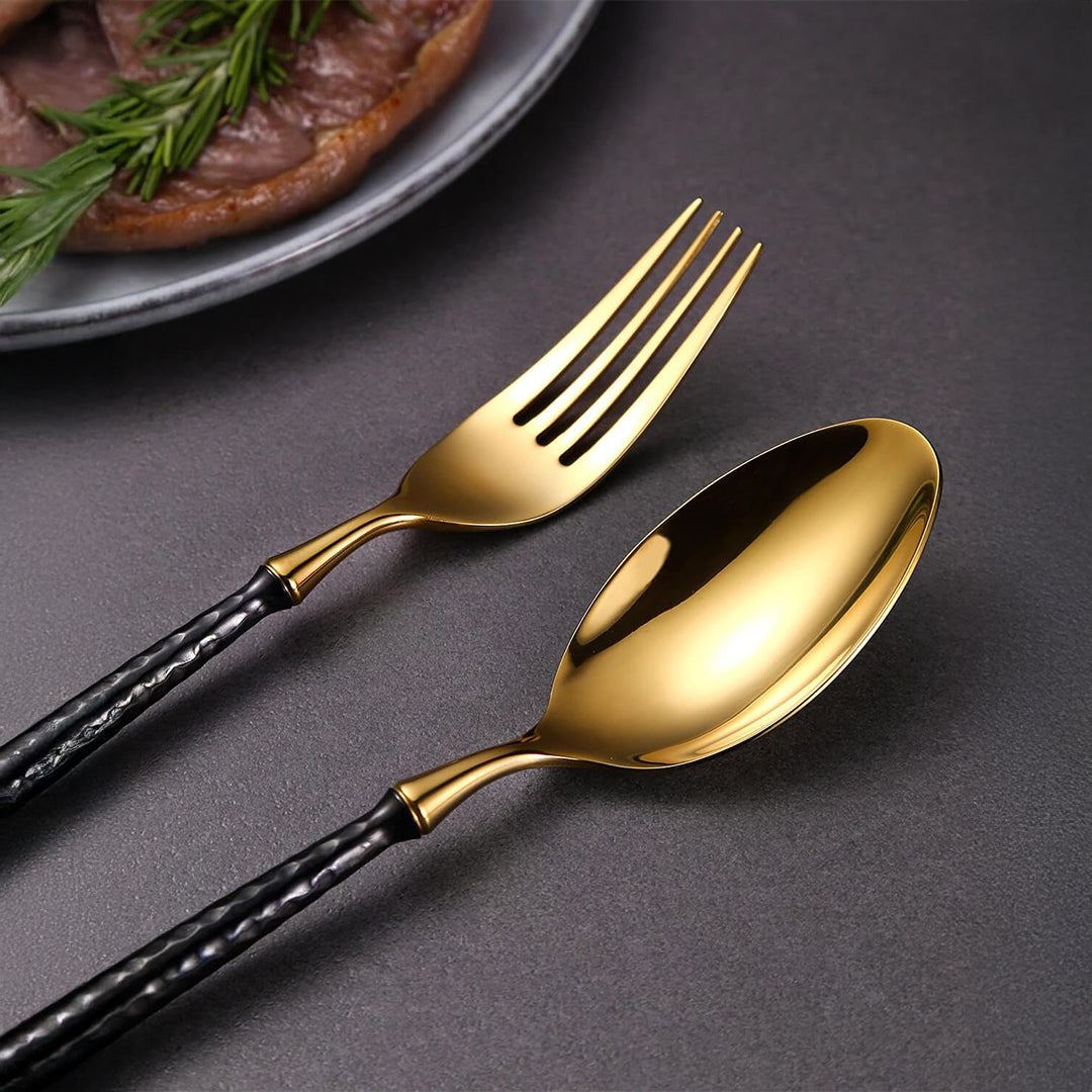 Sparkling Hammered Glossy Black Gold Flatware Set