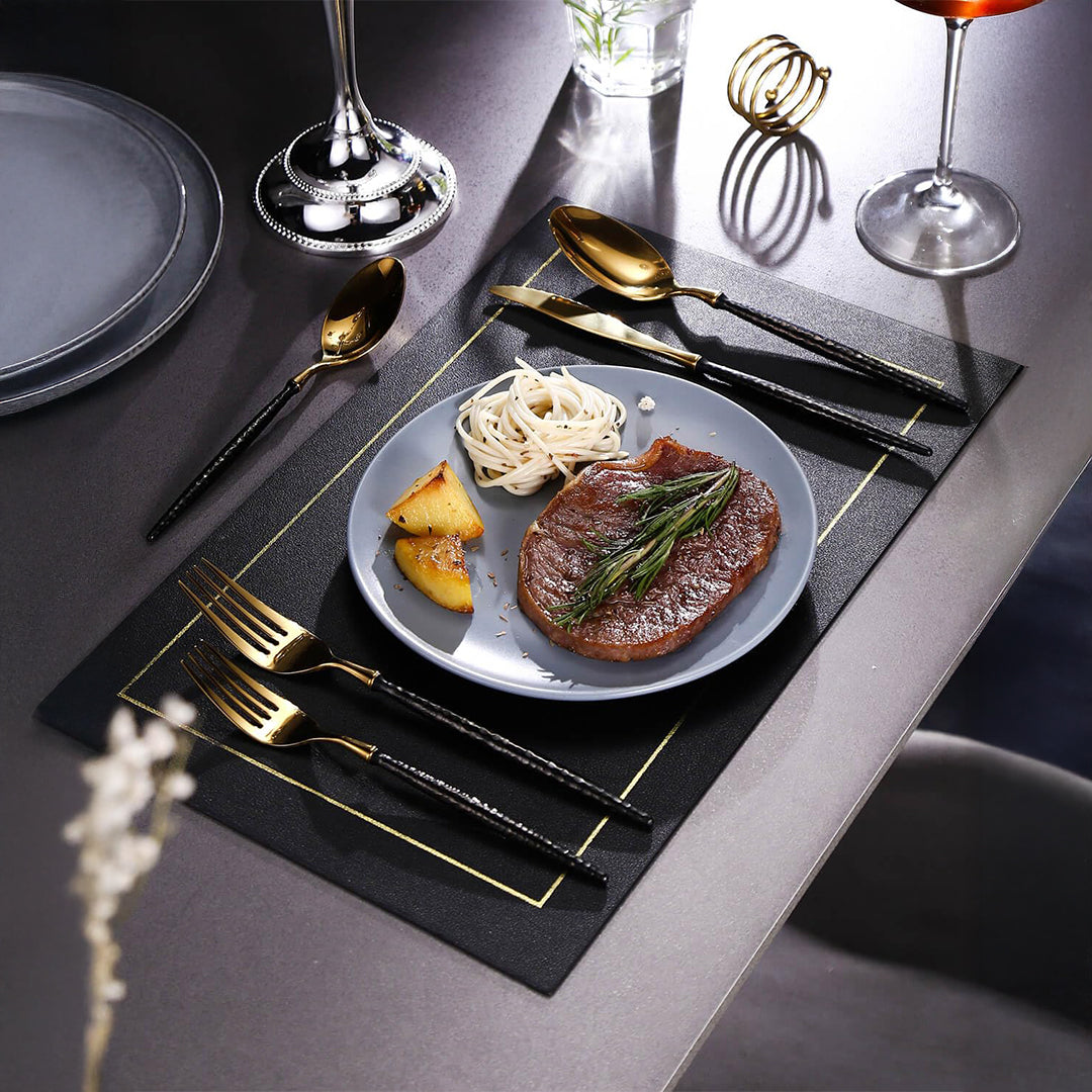 Sparkling Hammered Glossy Black Gold Flatware Set
