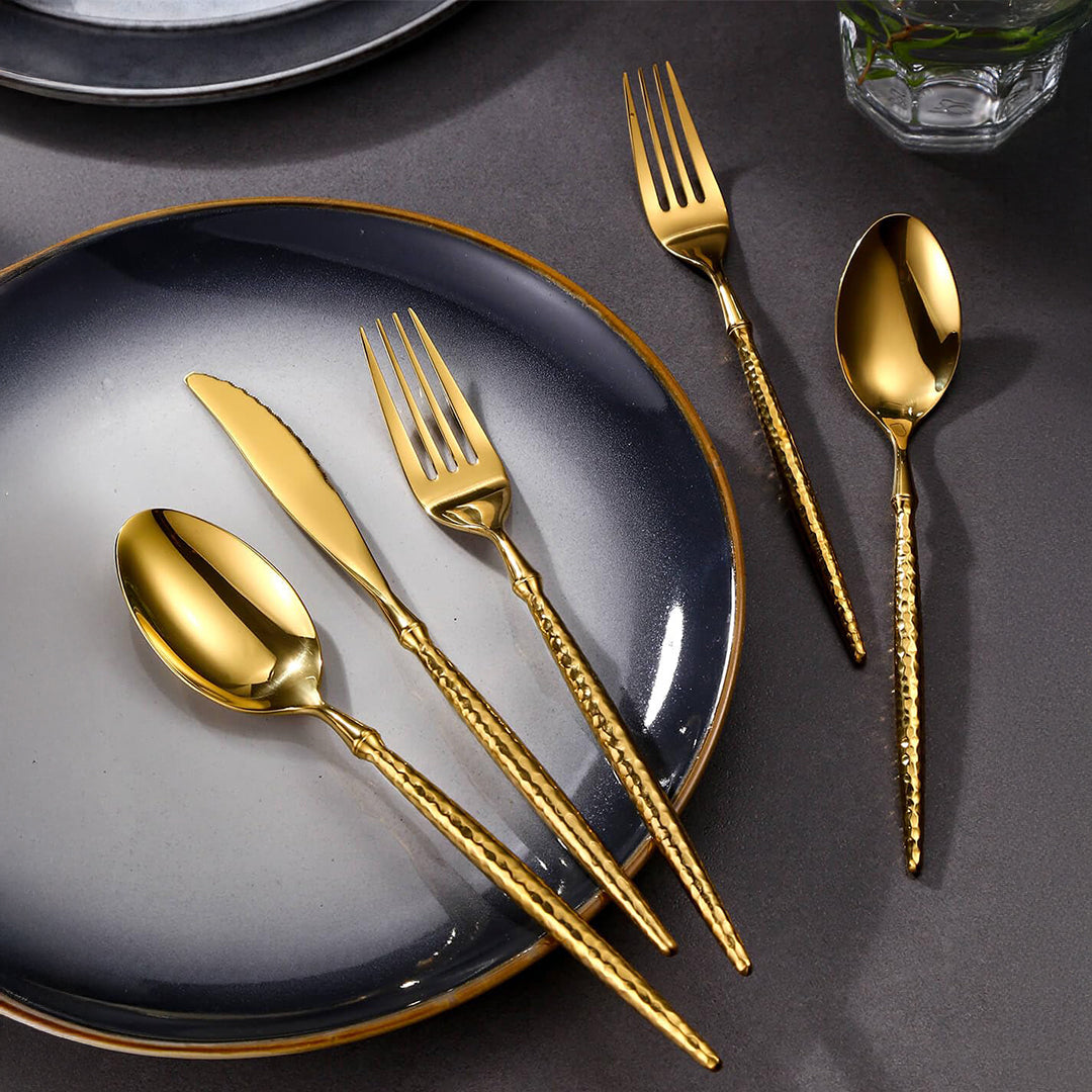 Sparkling Hammered Glossy Gold Flatware Set