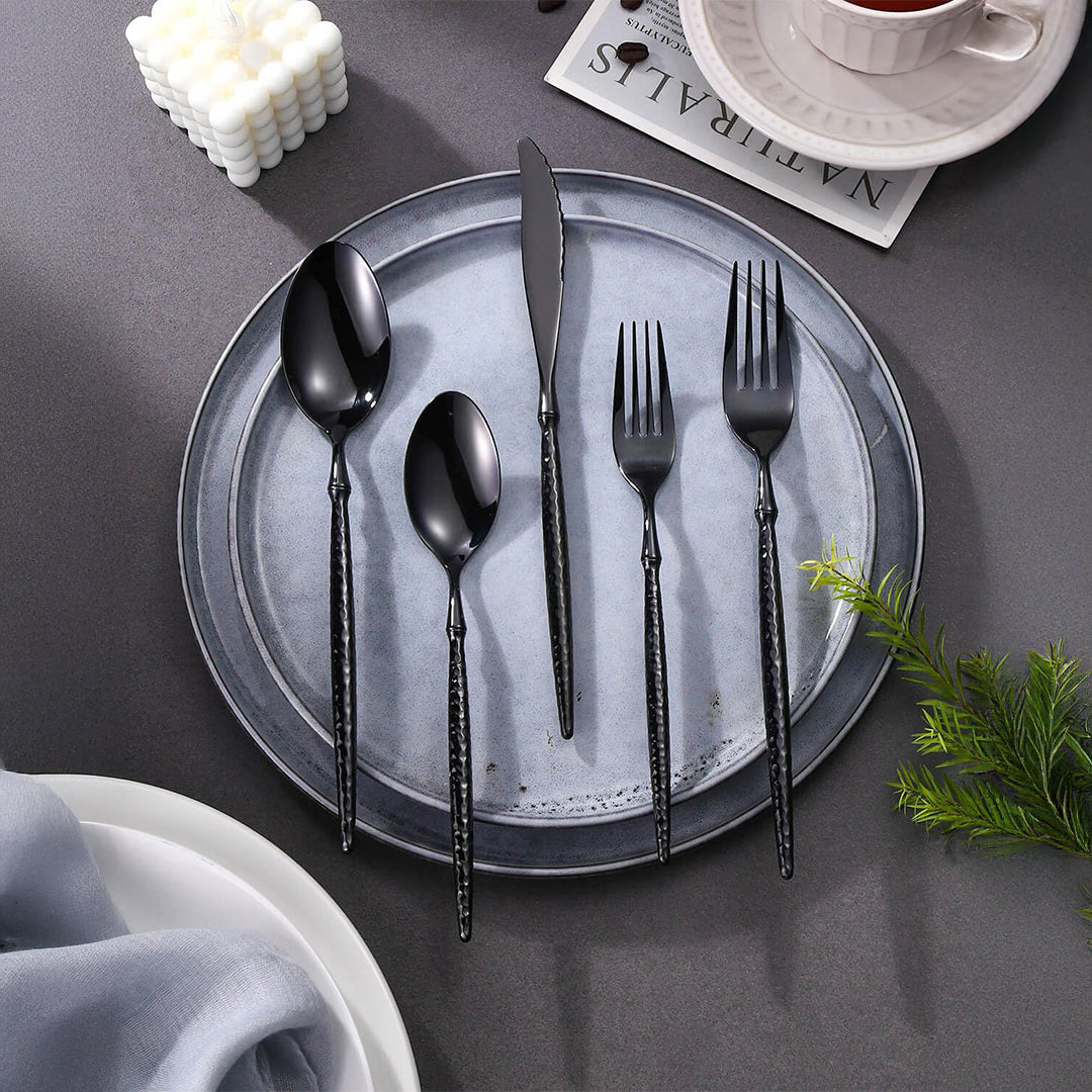 Sparkling Hammered Glossy Black Flatware Set