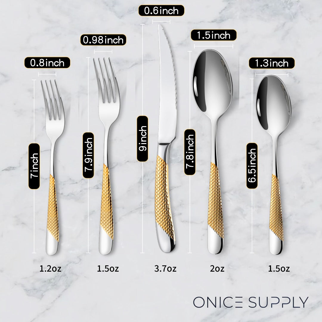 Astal Hammered Glossy Silver Gold Flatware Set