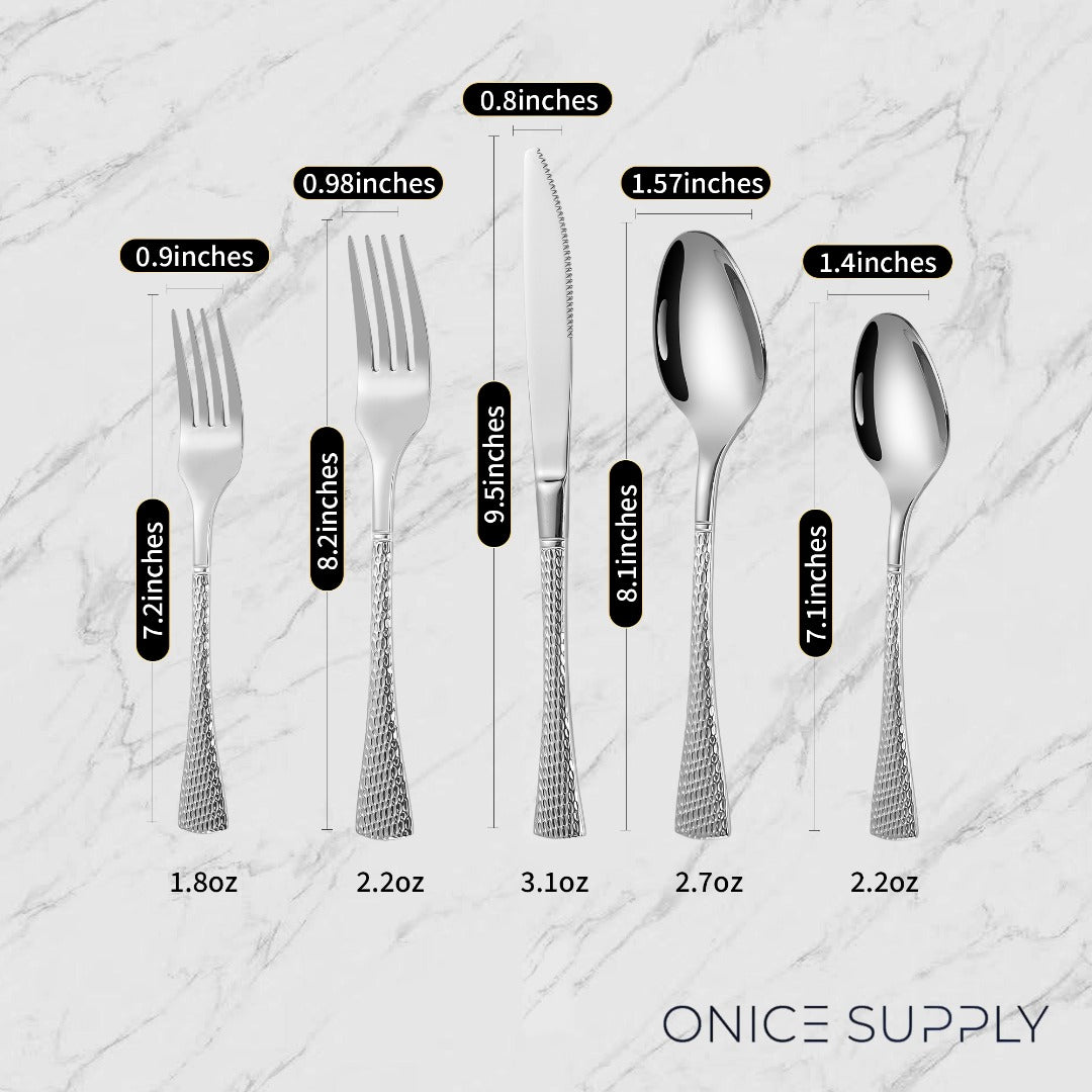 Hammered Glossy Silver Flatware Set