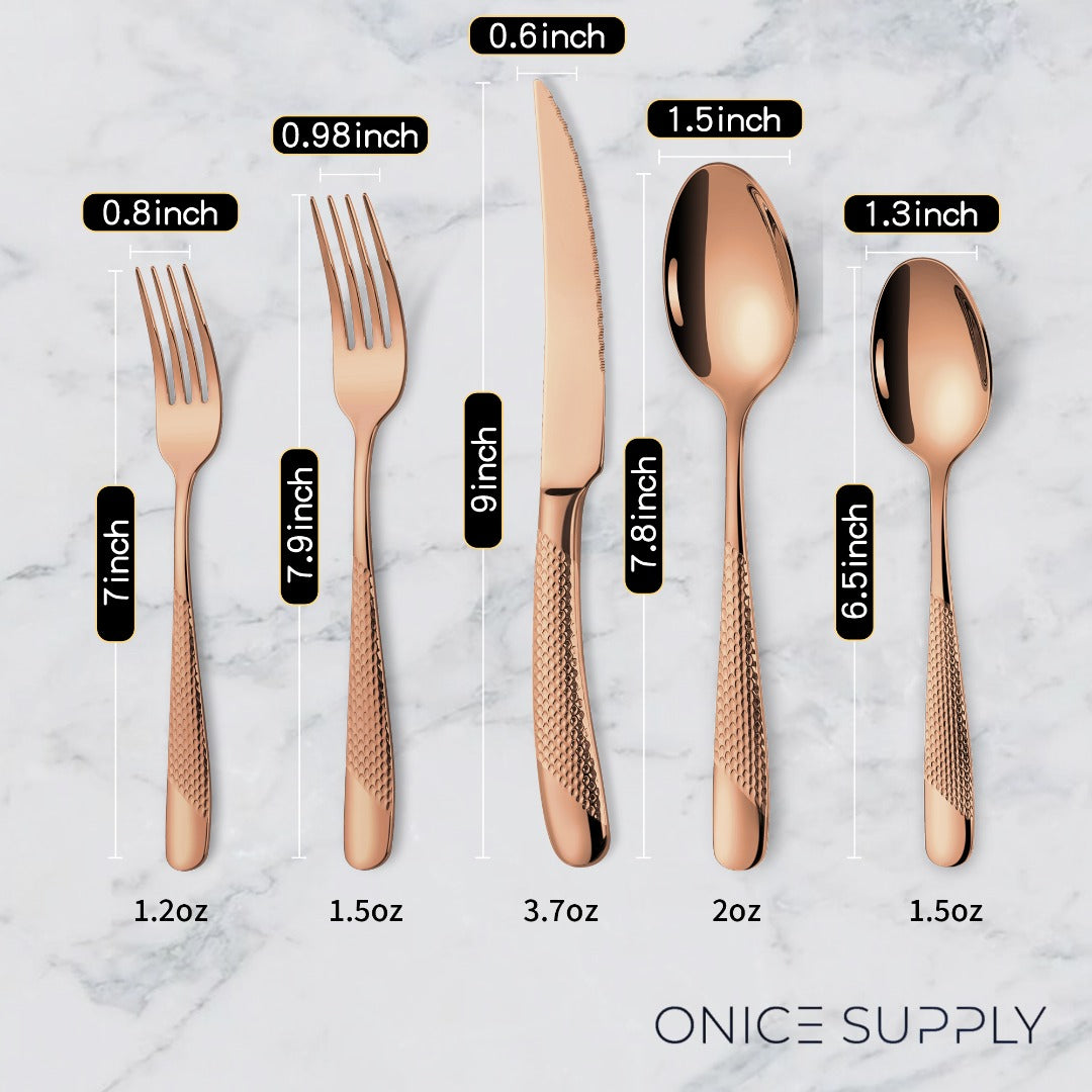 Astal Hammered Glossy Rose Gold Flatware Set