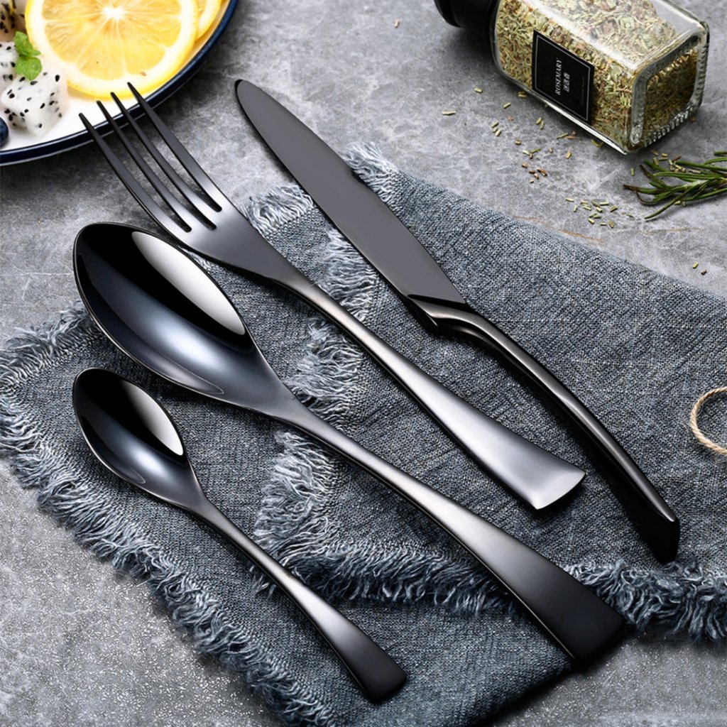 Kaya Modern Mirror Black Flatware Set - Black - Lemeya