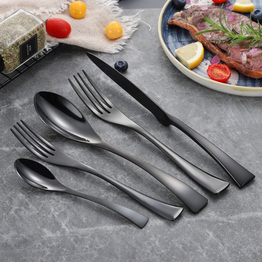 Kaya Modern Mirror Black Flatware Set - Black - Lemeya