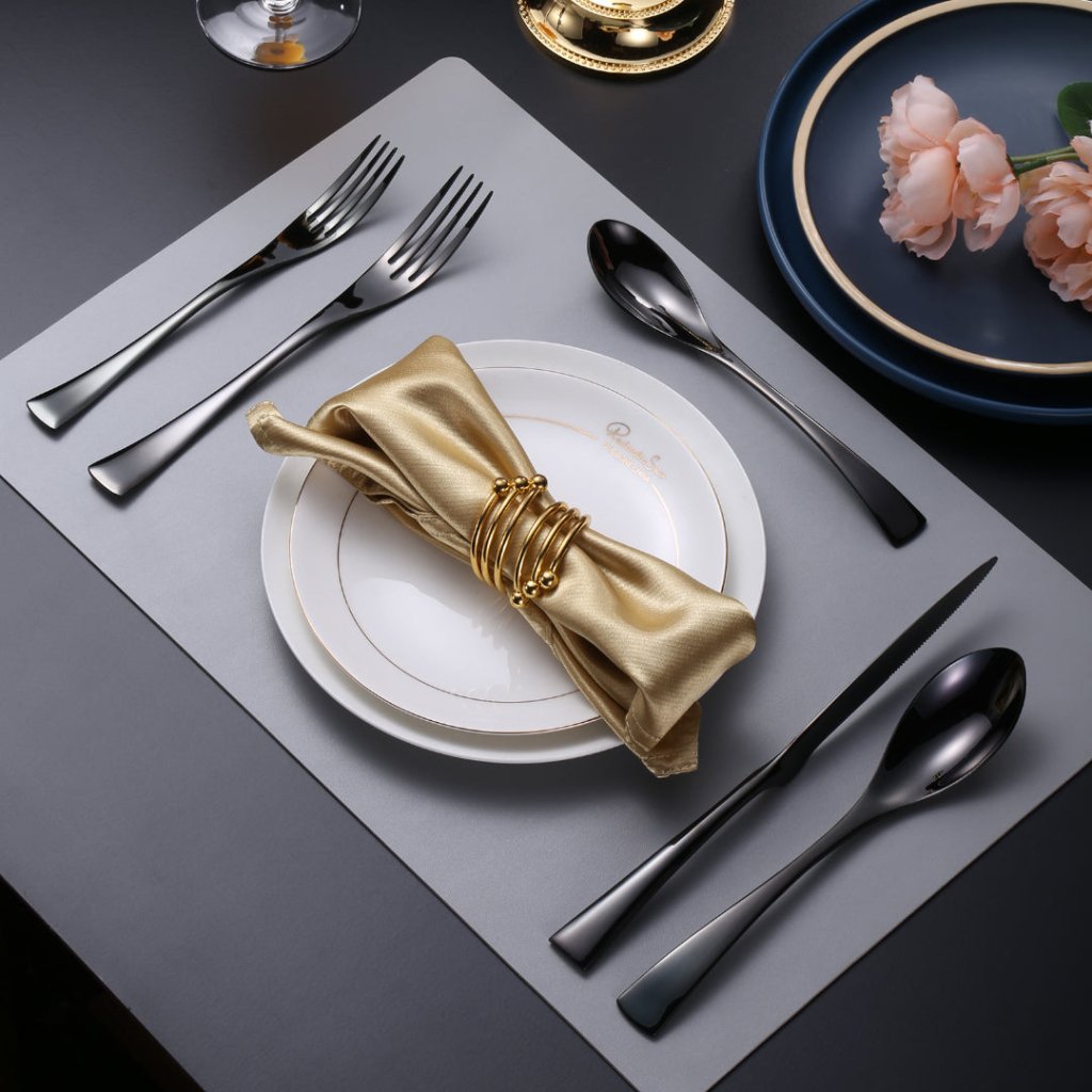 Kaya Modern Mirror Black Flatware Set - Black - Lemeya