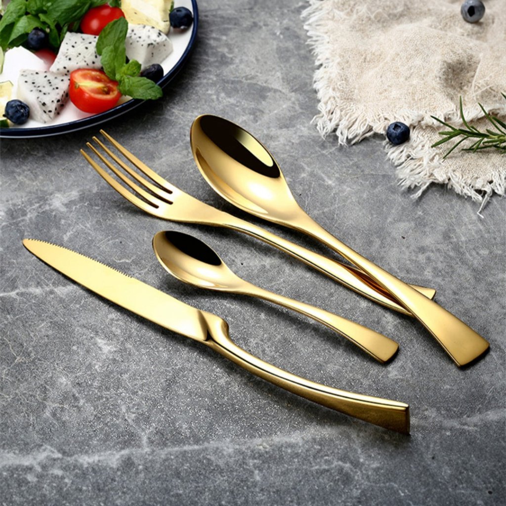 Kaya Modern Mirror Gold Flatware Set - Gold - Lemeya