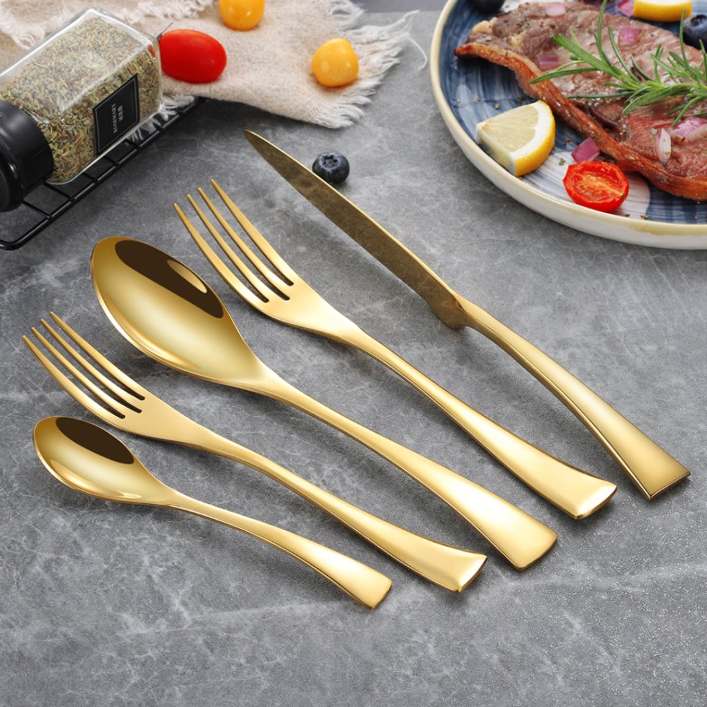 Kaya Modern Mirror Gold Flatware Set - Gold - Lemeya