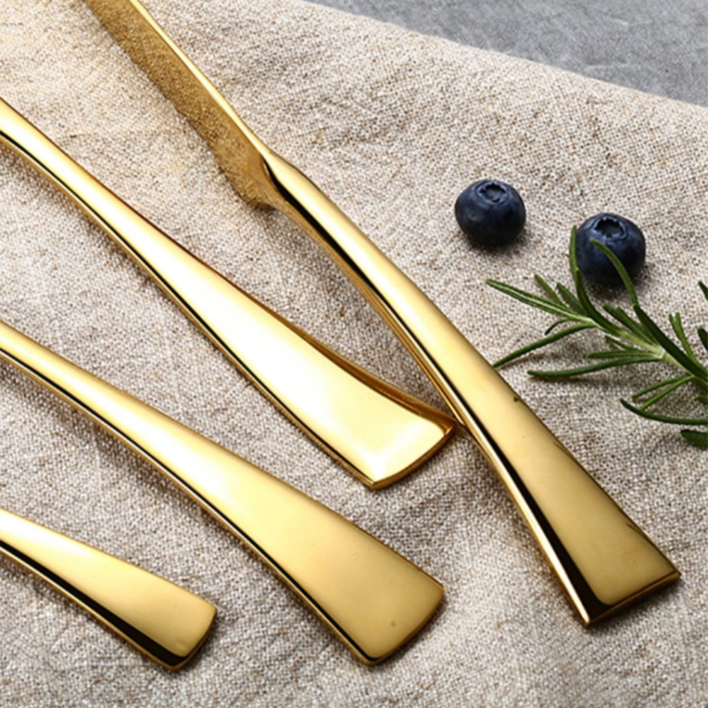 Kaya Modern Mirror Gold Flatware Set - Gold - Lemeya