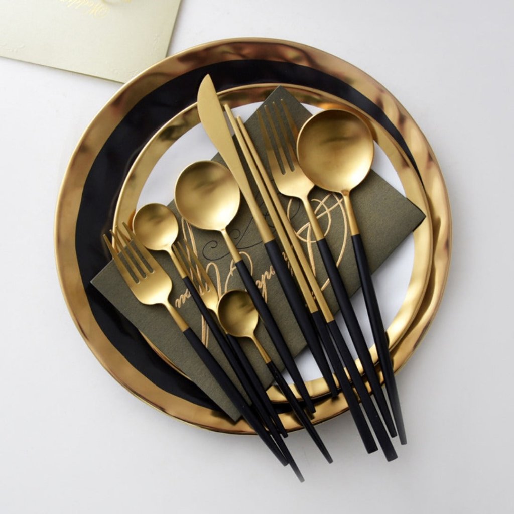 Minimalist Matte Black Gold Flatware Set - BLACK GOLD - Lemeya