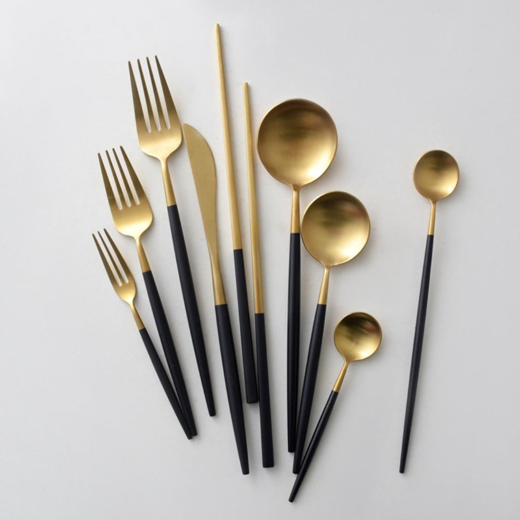 Minimalist Matte Black Gold Flatware Set - BLACK GOLD - Lemeya